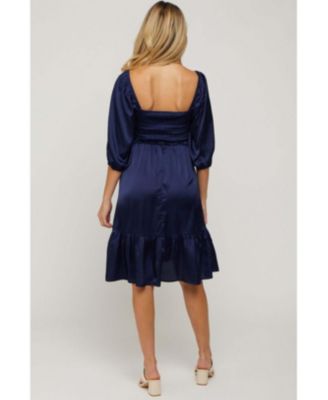 Maternity Navy Satin Smocked Ruffle Hem Dress
