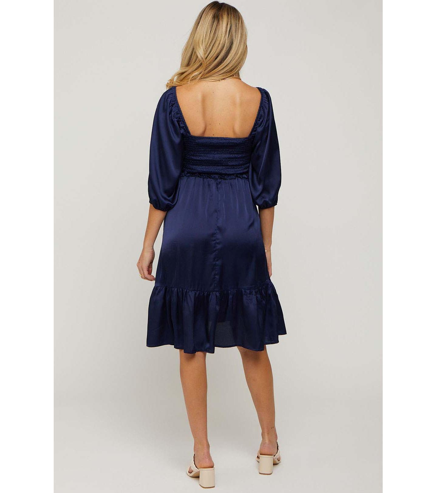 Женское платье Pinkblush Maternity Navy Satin Smocked Ruffle Hem, цвет: Тёмно-синий — фото 2
