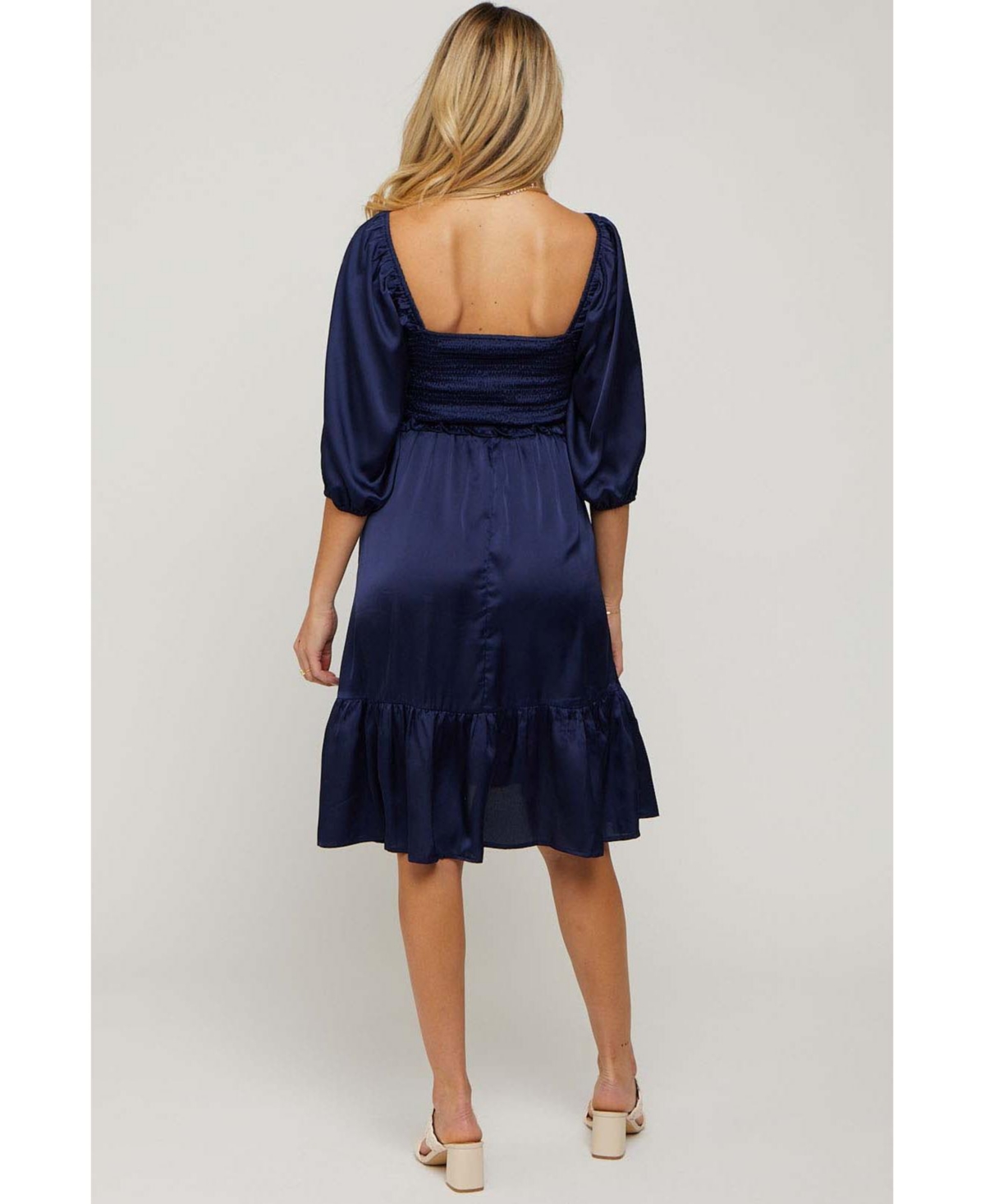Pinkblush Maternity Navy Satin Smocked Ruffle Hem Dress