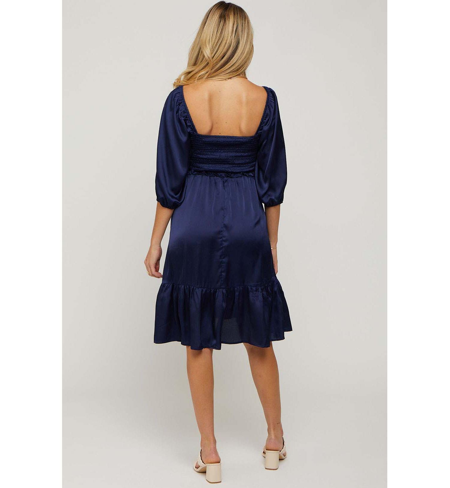 Maternity Navy Satin Smocked Ruffle Hem Dress