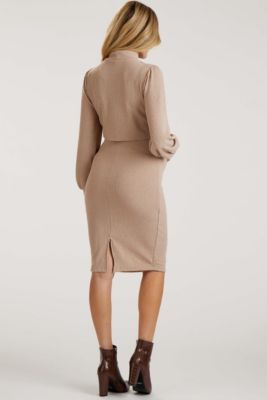 Maternity Taupe Rib Knit Mock Neck Nursing Dress