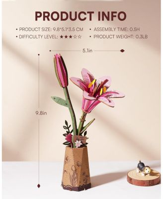 3D Puzzles Pink Lily DIY Model Building Kits Artifical Flower Toys for Thanksgiving Mother's Day, Multicolored, 9.65"6.5"1.65