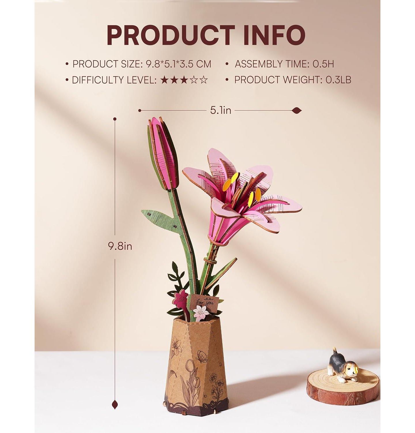 Детские игрушки Robotime 3D Puzzles Pink Lily DIY Model Building Kits Artifical Flower Toys for Thanksgiving Mother's Day, Multicolored, 9.65"6.5"1.65 — фото 5
