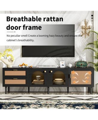 Rattan TV Stand with 3 Cabinets & 2 Drawers Media Console Table for TVs up to 80" with LED Light