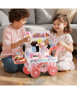 Ice Cream Cart for Kids, 27 PCS Pretend Play Store with Storage Trolley, Sound & Light, Pretend Money, Educational Toy 3+ Pink