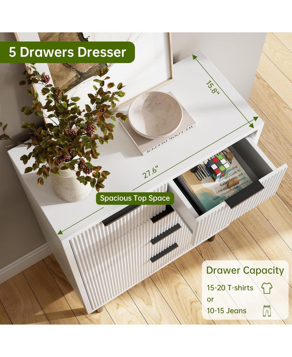 Gaomon | Tall 5-Drawer Oak Wood Wave-Fluted Design, Metal Legs, Anti-Tip Device Modern Storage Chest/Dresser