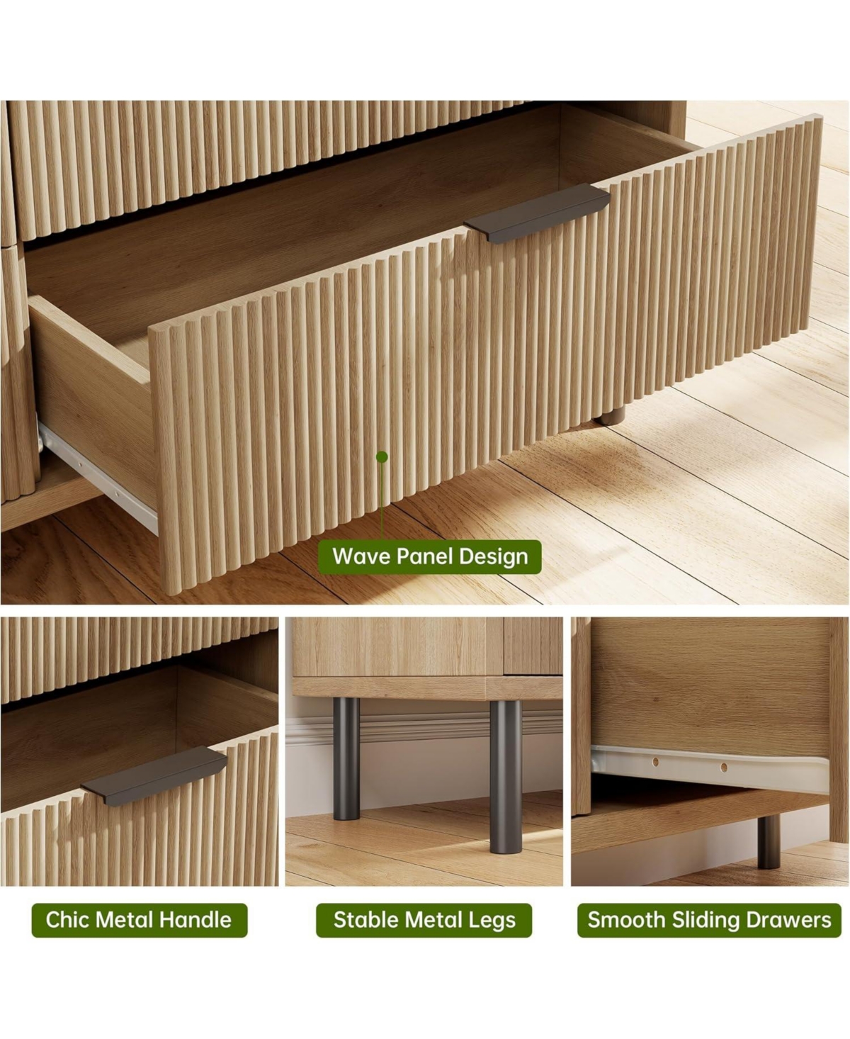 Gaomon | Tall 5-Drawer Oak Wood Wave-Fluted Design, Metal Legs, Anti-Tip Device Modern Storage Chest/Dresser