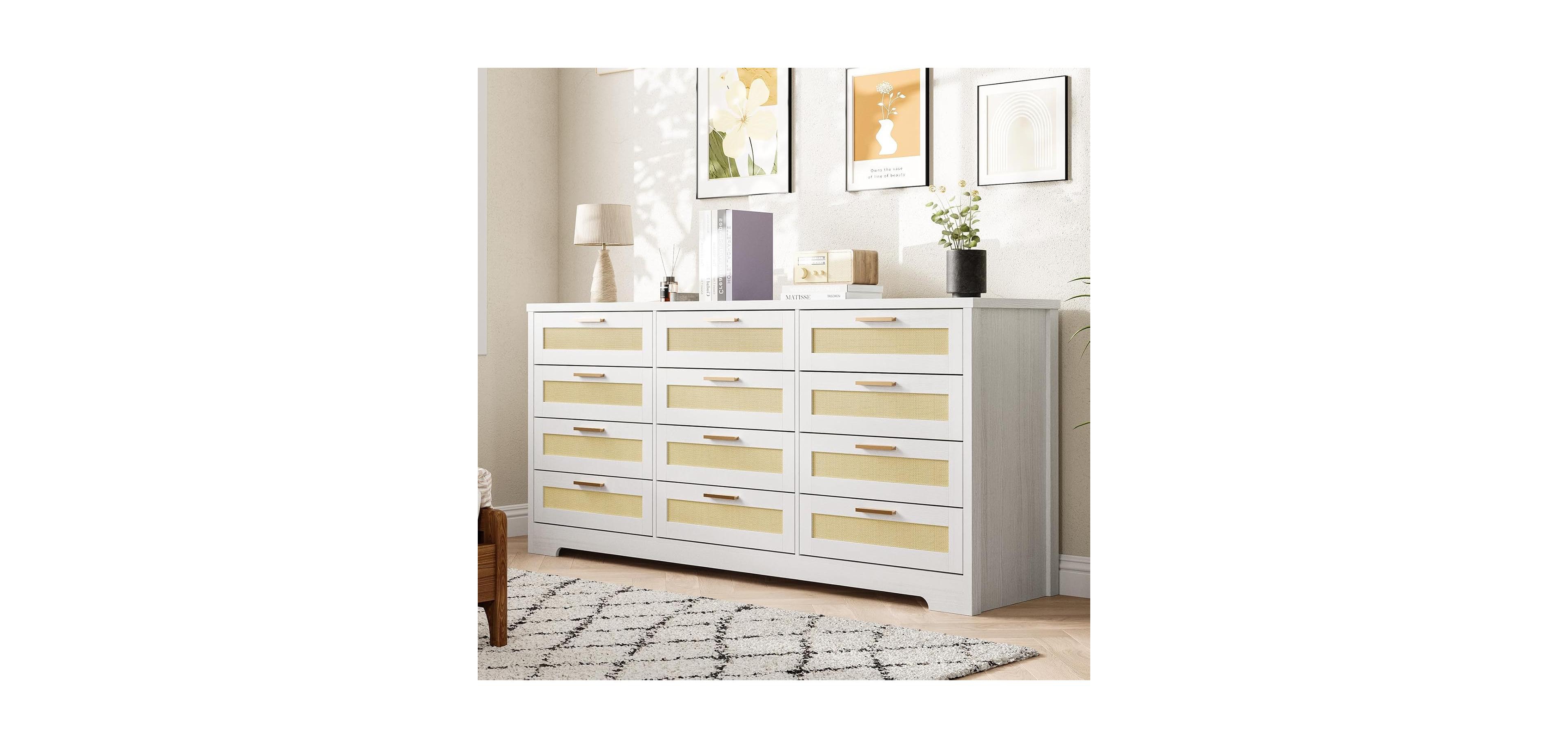 12-Drawer Rattan Bedroom Dresser, Modern Wood Storage Chest with Woven Panel Fronts for Nursery, Entryway, or Living Room, Natural