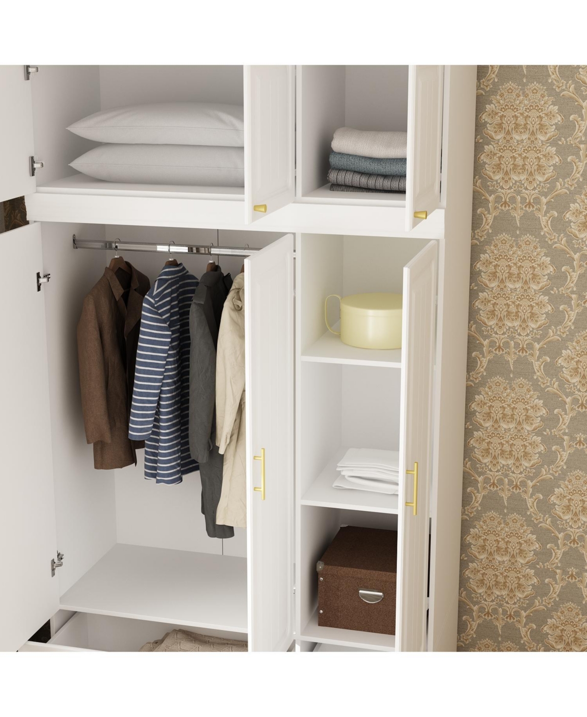 Homsee 6-Door Big Wardrobe Armoires with Hanging Rod, 4-Drawers, Storage Shelves