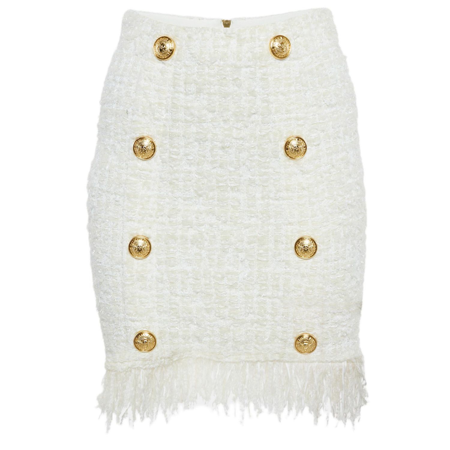 Women's White Tweed Button Detail Pencil Skirt