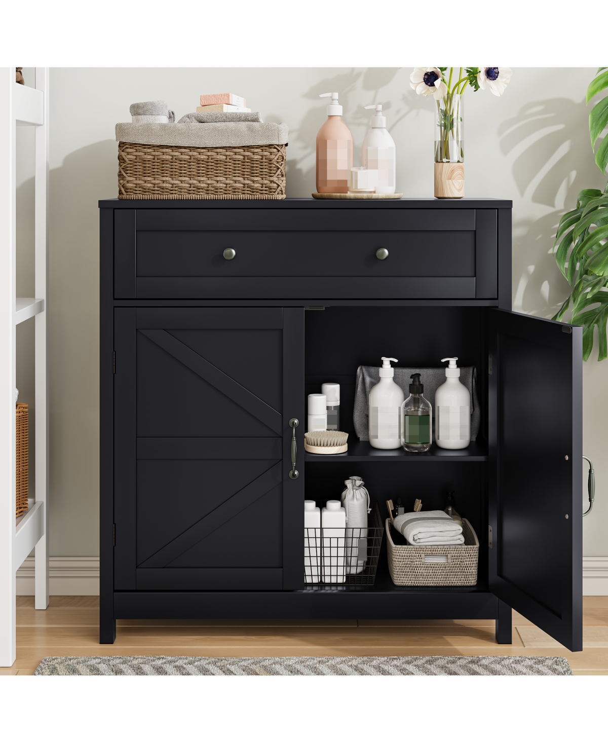 sumyeg Farmhouse Kitchen Cabinet Sideboard with Barn Door Drawer and Adjustable Shelf in Black