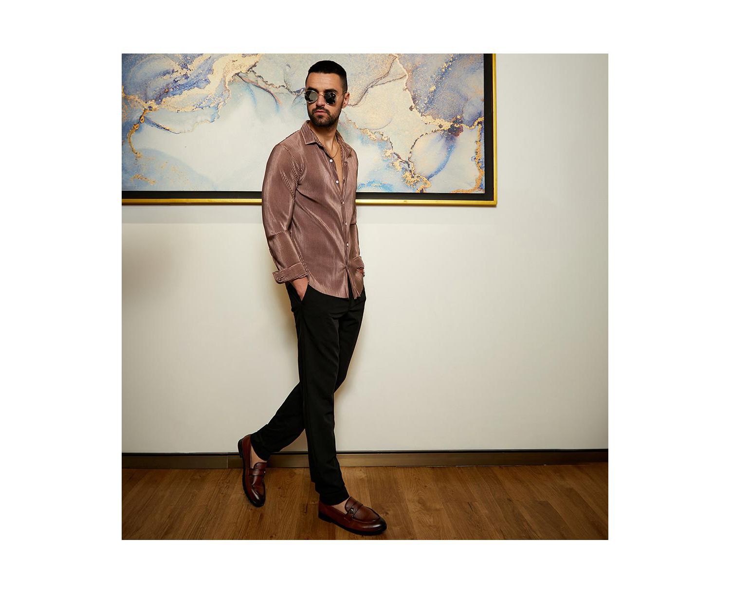 Men's Mocha Brown Pleat-Creased Shirt