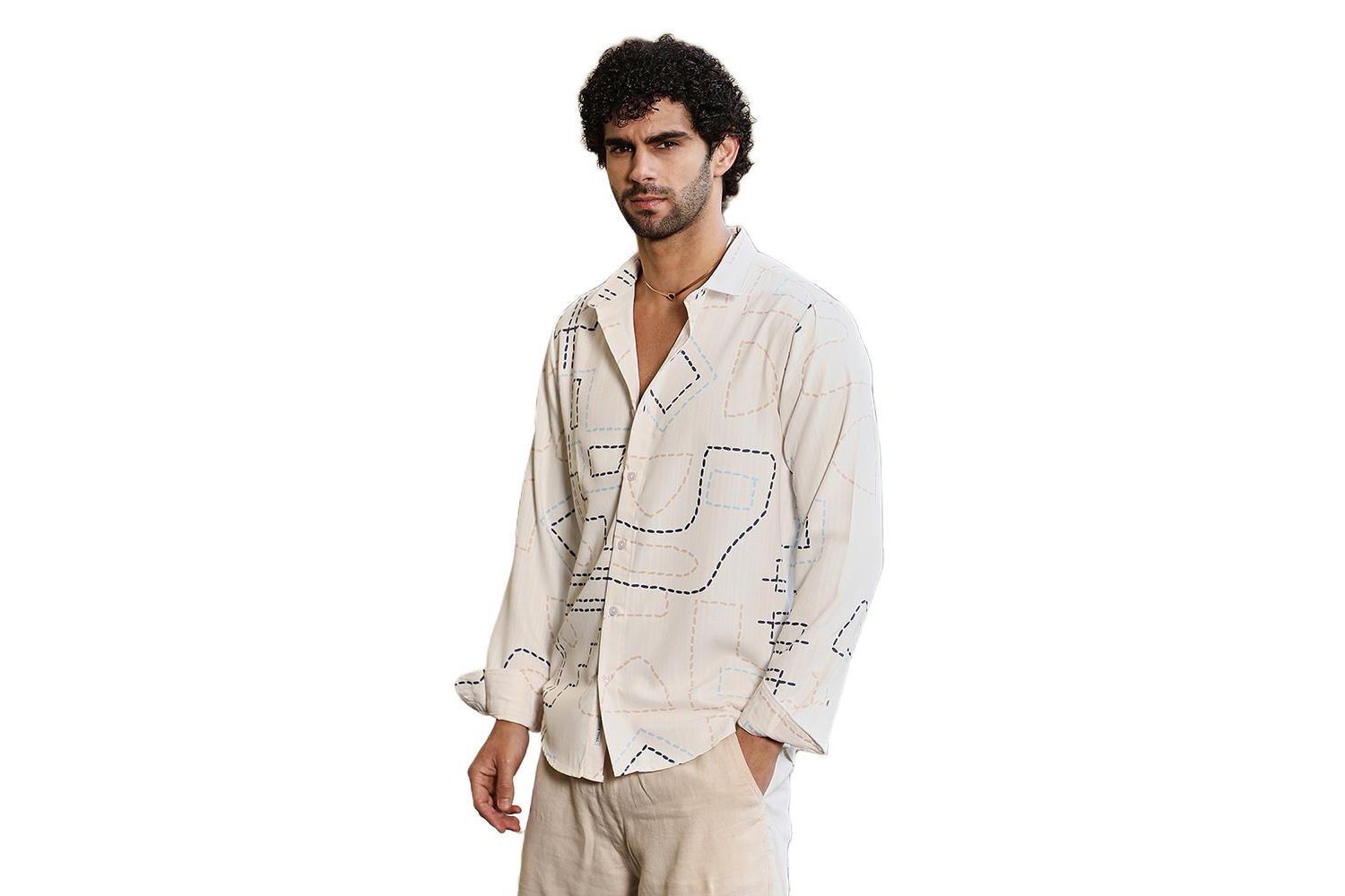 Men's Off-White & Navy Blue Thread-Lines Shirt