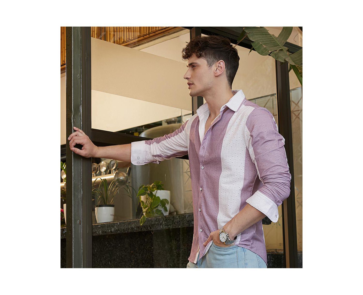 Men's Mauve Purple & Daisy White Panel-Tactile Shirt