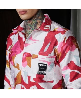 Men's Cream White & Scarlet Red Floral-Tactile Relaxed Shirt