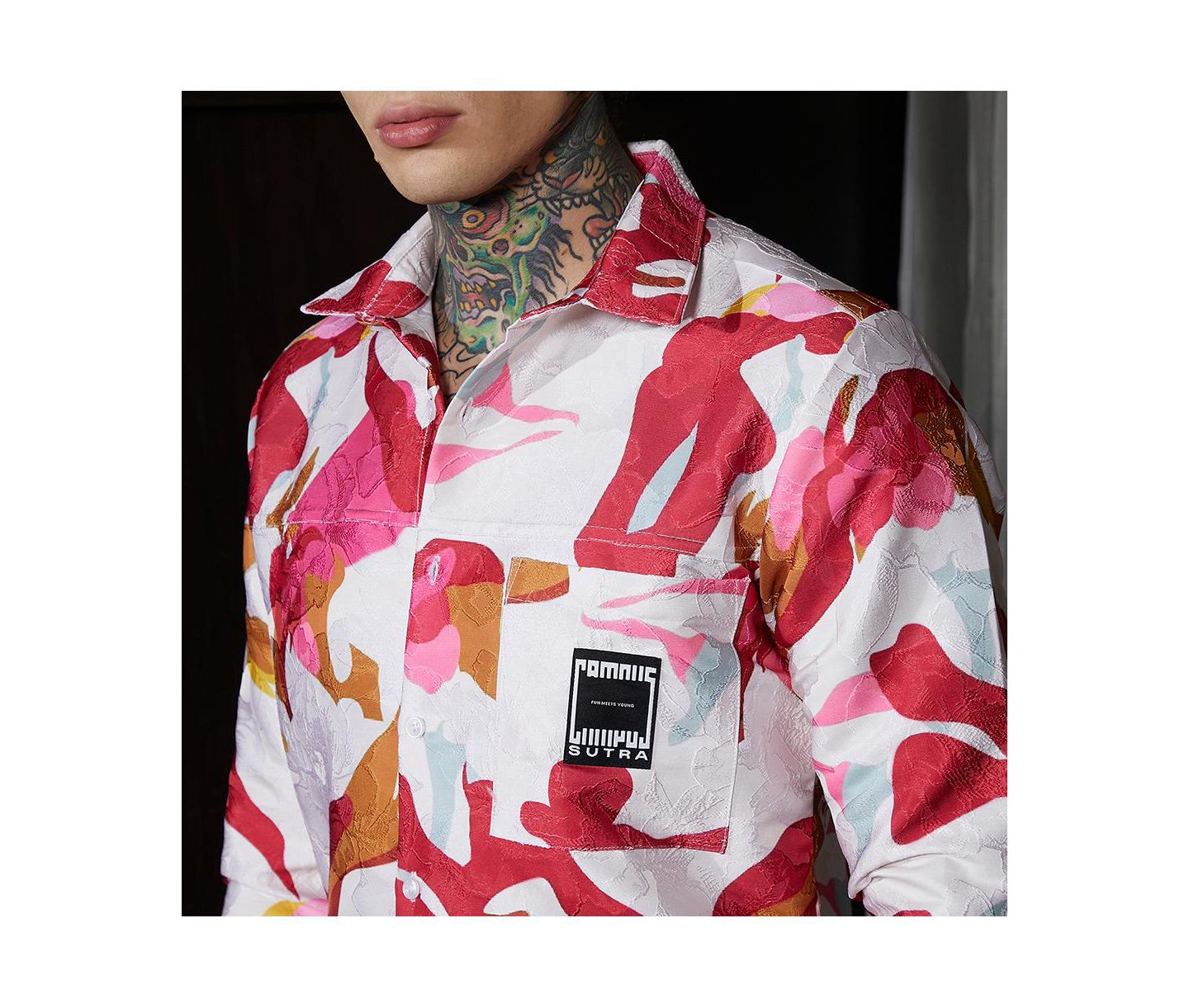 Мужская рубашка Cahoot Campus Sutra Cream White & Scarlet Red Floral-Tactile Relaxed, цвет: Красный — фото 7