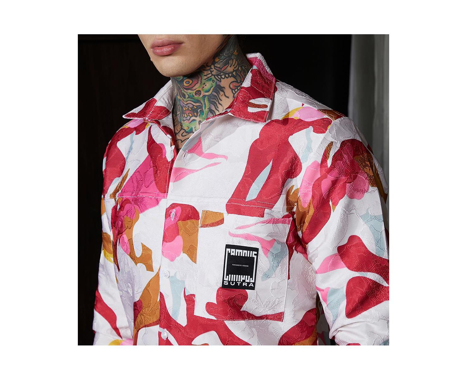 Men's Cream White & Scarlet Red Floral-Tactile Relaxed Shirt