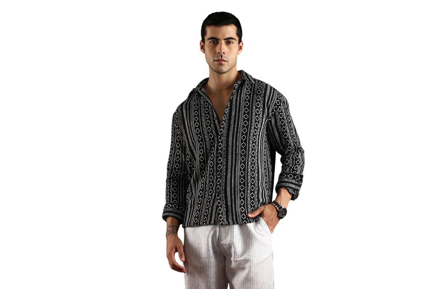 Men's Onyx Black Folk-Weave Shirt