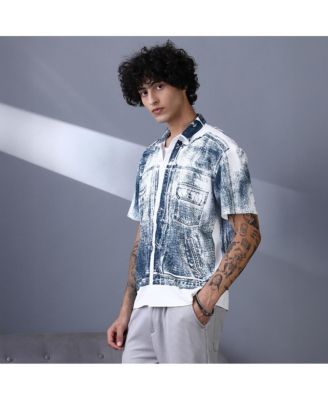 Men's Navy Blue Denim-Imprint Relaxed Shirt