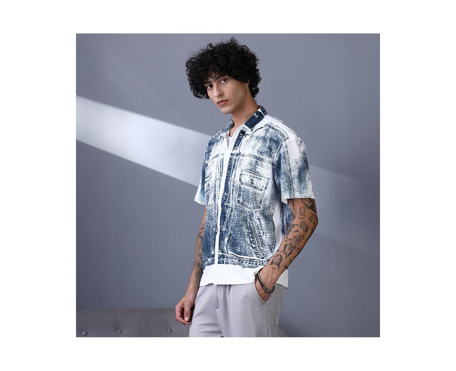 Men's Navy Blue Denim-Imprint Relaxed Shirt