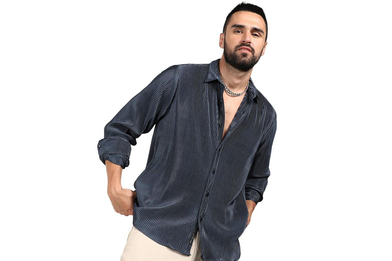 Men's Navy Blue Pleat-Creased Shirt