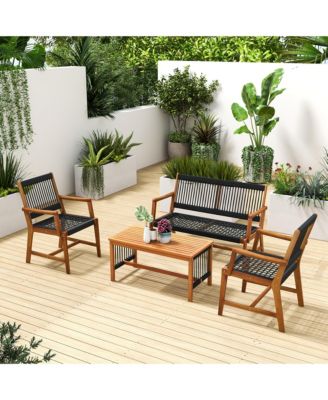 Patio 4pcs Acacia Wood Conversation Table & Chair Set Hand-Woven Rope Outdoor