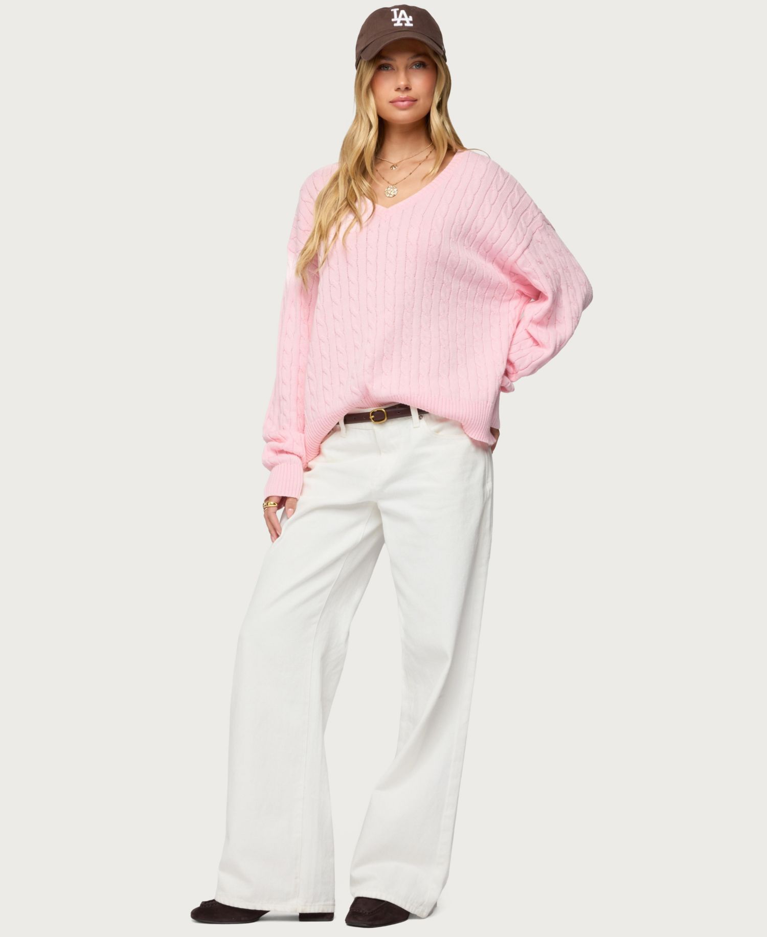 Women's Polly V Neck Cable Knit Sweater