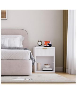 Fluted Nightstand with Charging Station, Bedside Table with Drawers and Open Storage Space, Mid Century Modern End Table