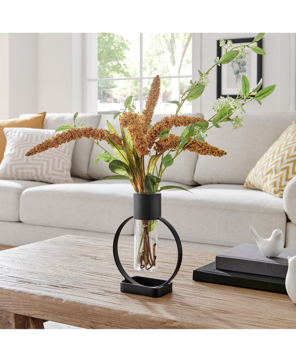 Danya B Jacob Modern Black Metal Open Circle Pedestal Clear Glass Tabletop Vase