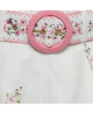 Women's Pink/white Floral Print Linen Scallop Shorts