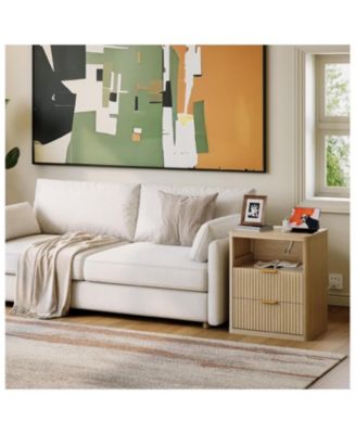 Fluted Nightstand with Charging Station, Bedside Table with 2 Drawers and Open Storage Space, Mid Century Modern End Table, 1pcs