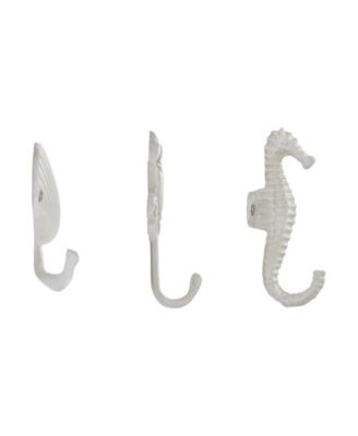 White Cast Iron Nautical Ocean Sculpture Wall Hook Set of 3 - Seashell, Crab, Seahorse