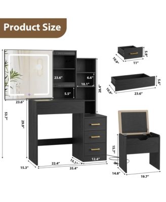 Vanity Desk with Sliding Mirror and Lights, Modern Makeup Vanity Table with 4 Drawers and 7 Storage Shelves