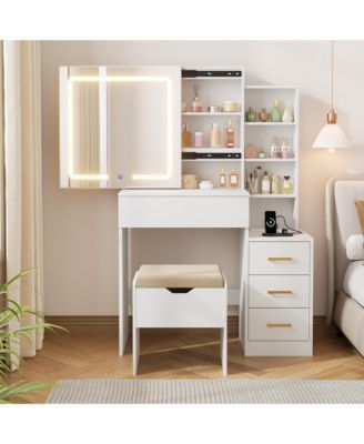 Vanity Desk with Sliding Mirror and Lights, Modern Makeup Vanity Table with 4 Drawers and 7 Storage Shelves