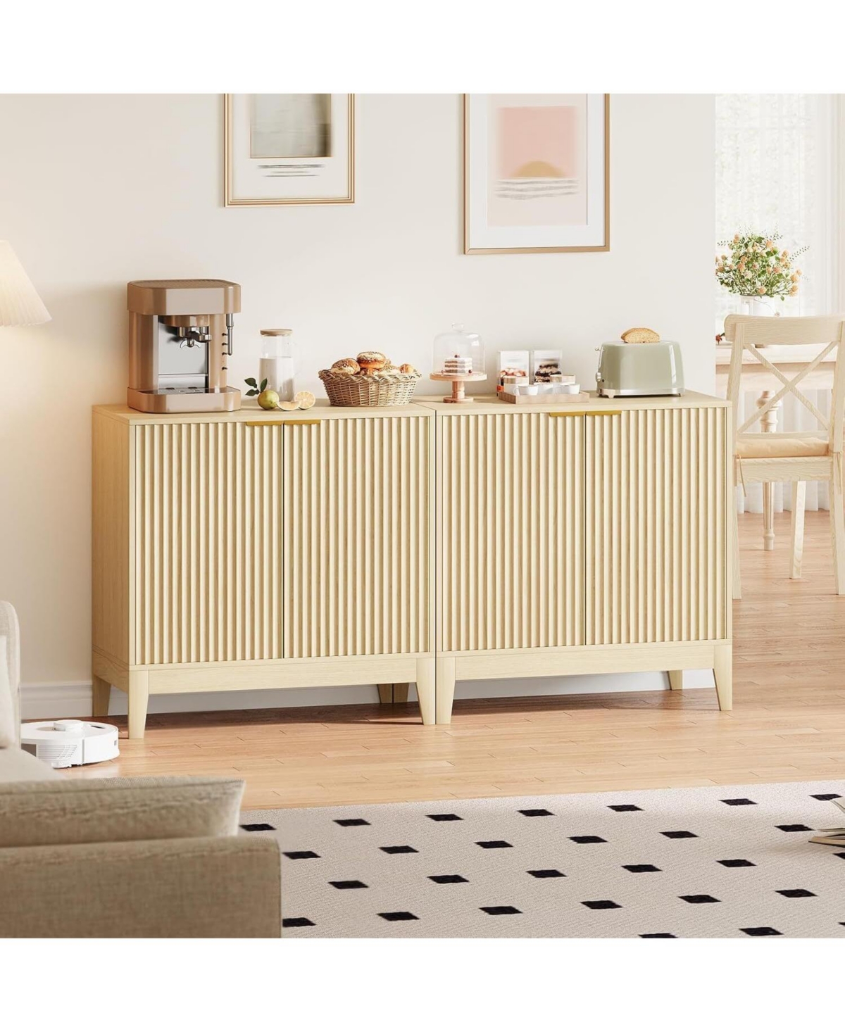 gaomon 31.5" Fluted Storage Cabinet with Gold Handles, Adjustable Shelf, Oak Finish Credenza for Dining Room & Home Organization