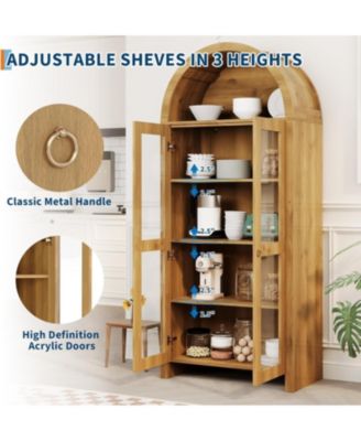 70" Tall Arched Kitchen Pantry Cabinet, 5-Tier Wood Display Storage Cabinet with Acrylic Doors Modern Freestanding Cupboard