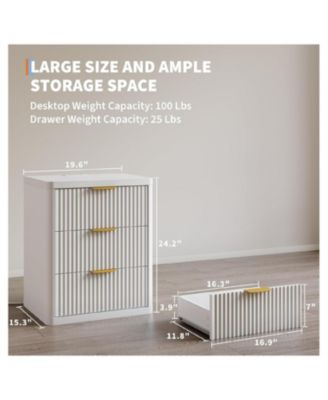 Fluted Nightstand with Charging Station, Bedside Table with 3 Drawers and Open Storage Space, Mid Century Modern End Table,