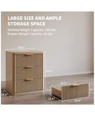 Fluted Nightstand with Charging Station, Bedside Table with 3 Drawers and Open Storage Space, Mid Century Modern End Table,