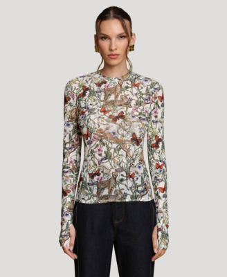 Women's Printed Long-Sleeve Mesh Top