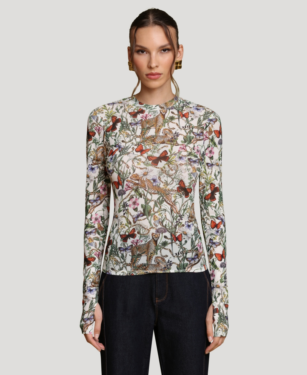 Avec Les Filles Women's Printed Long-Sleeve Mesh Top