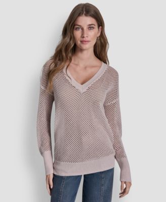 Women's Long Sleeve V-Neck Open Stitch Lurex Sweater with Logo Charm