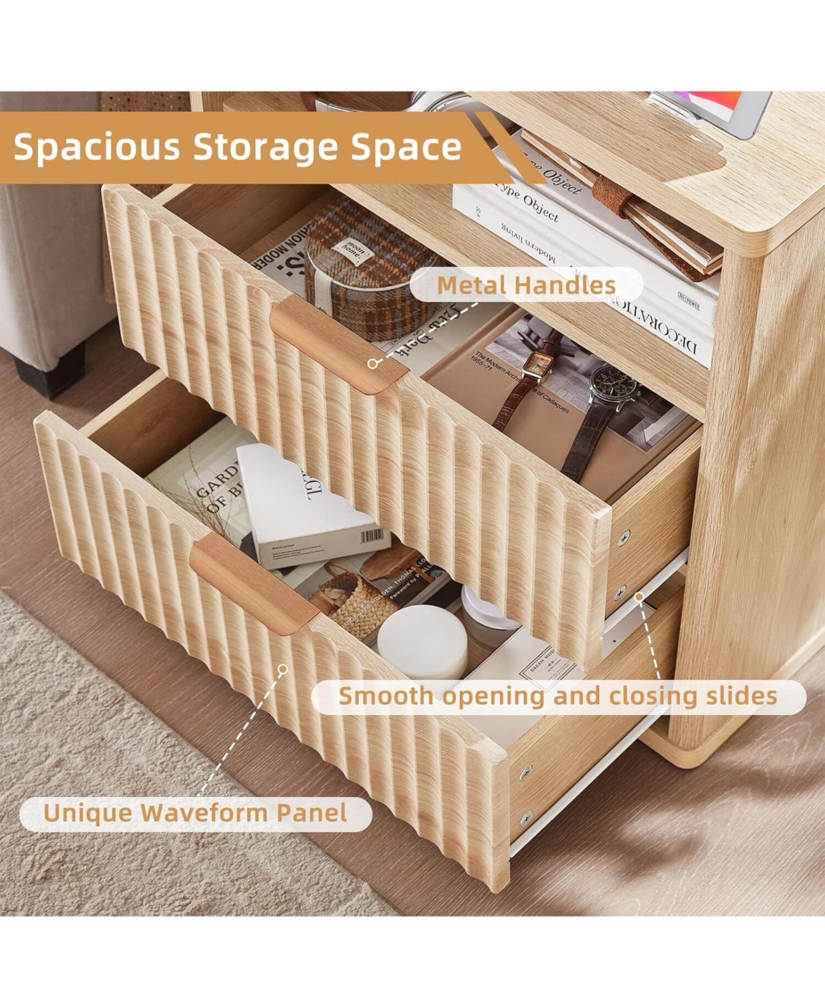 gaomon Fluted Farmhouse Nightstand Set of 2 with Charging Station, 23" Wide 2 Drawers End Table