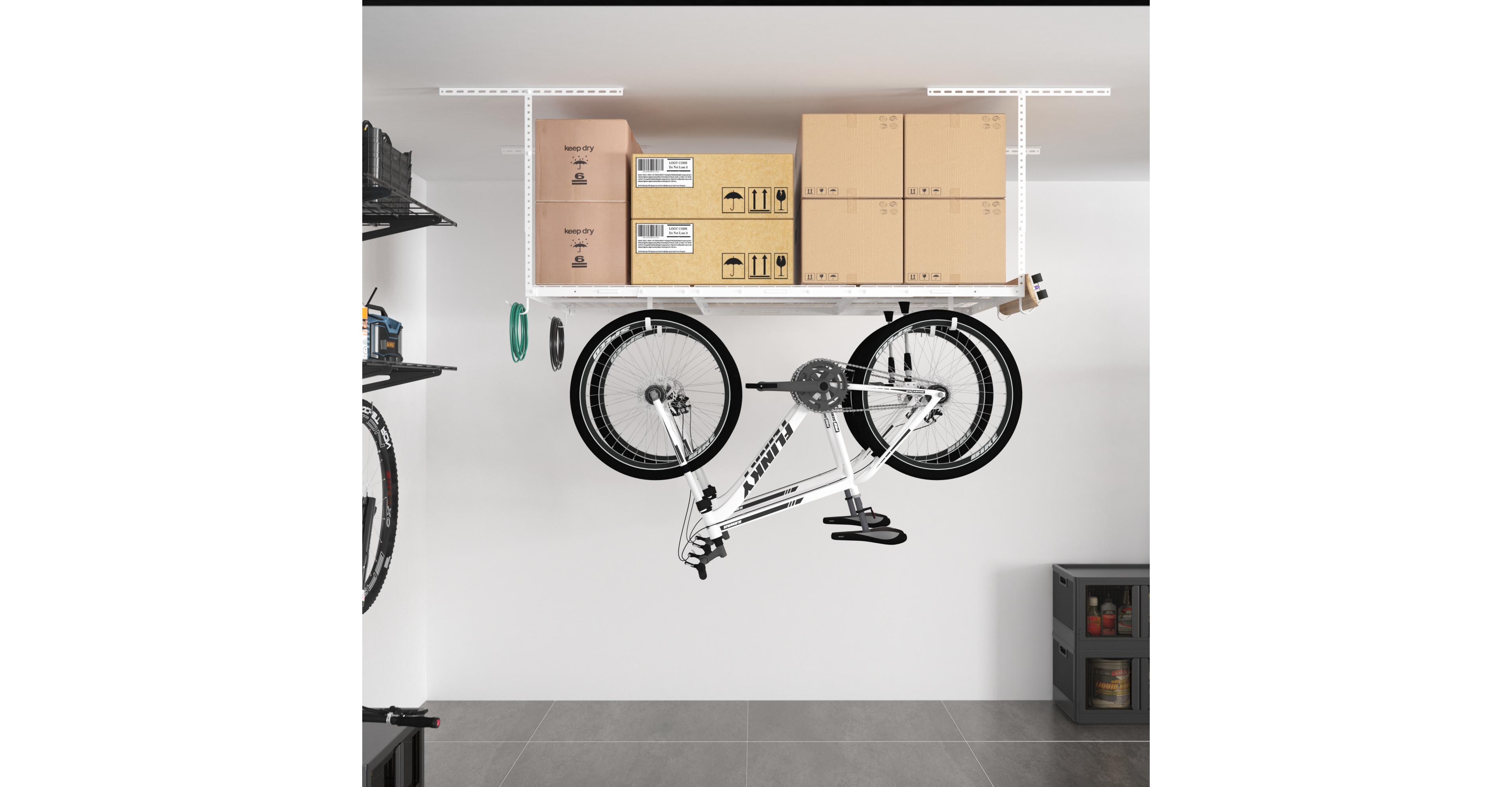 FlexiMounts Ohk Series 36" W x 72" D Ceiling Mounted Overhead Garage Storage Rack, White