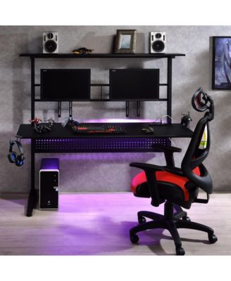 Black Gaming Desk with LED Light and Dual Screen Holders 59Inch Wide 18mm Thick Top with Open Storage Compartment