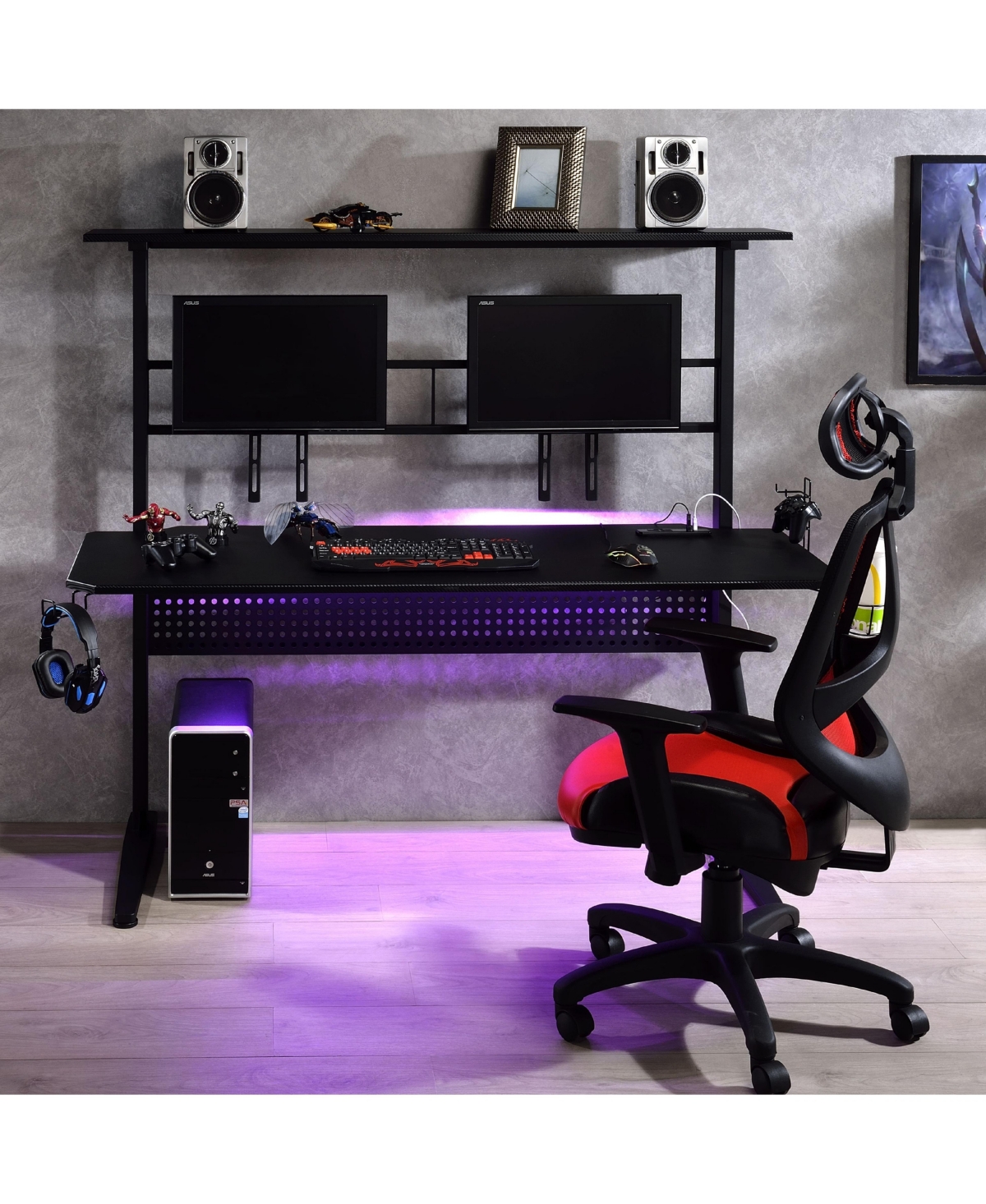 Flynama Black Gaming Desk with Led Light and Dual Screen Holders 59Inch Wide 18mm Thick Top with Open Storage Compartment
