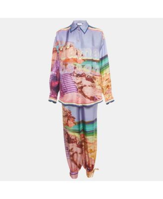 Women's Multicolor Printed Silk Pyjama Pant & Shirt Set