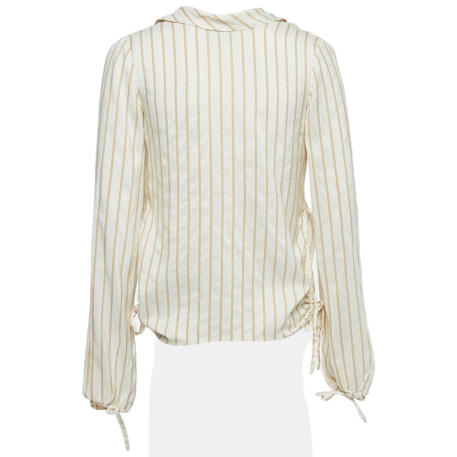 Women's Cream Stripe Silk Neck Tie-Up Detail Blouse