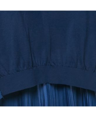 Women's Royal Blue Cotton Knit And Silk Pleated Asymmetric Top