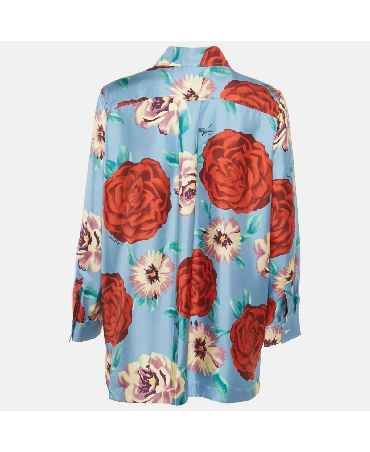Pre-Owned Salvatore Ferragamo Women's Blue Rose Print Silk Long Sleeve Shirt