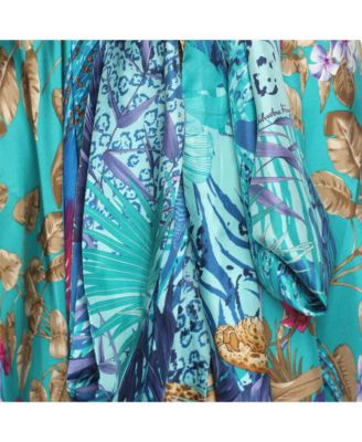 Women's Blue Printed Silk Belted Asymmetric Hem Skirt